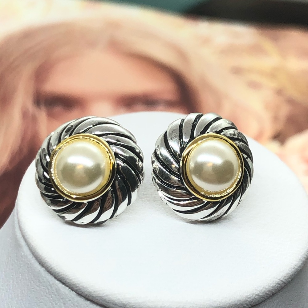 Silver Faux Pearl Stud Earrings - Picture 4 of 4